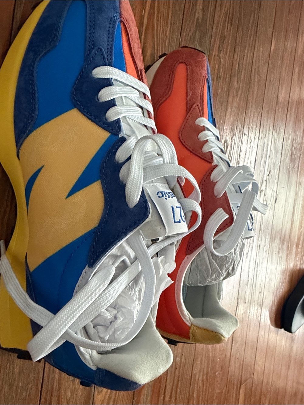 New Balance 327 Orange Blue Yellow White Athletic Sneakers - Picture 2 of 4